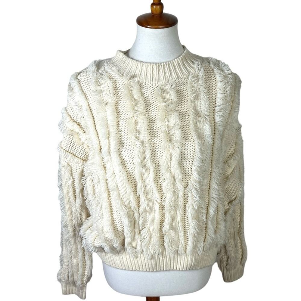Deby Debo Knit Cozy Cream Fringe Cropped Sweater Size S